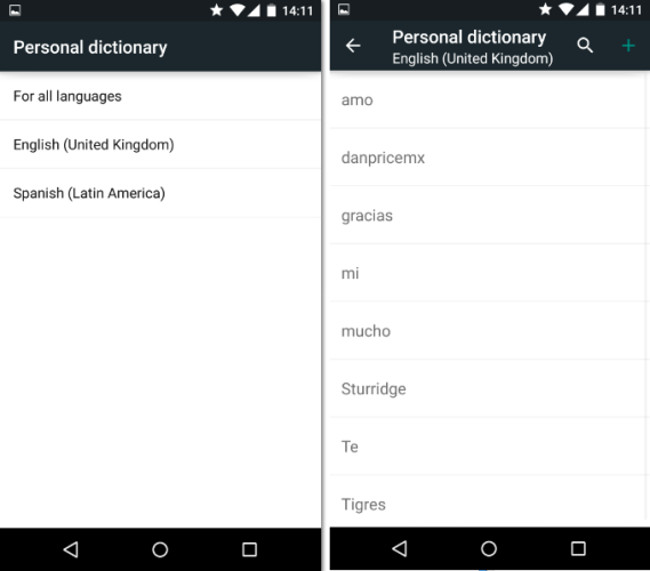 Schermata del dizionario personale dei Android