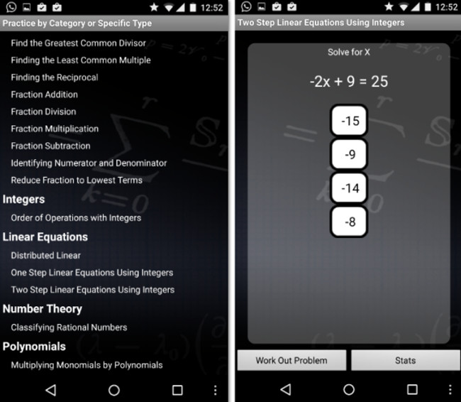 Schermate dell'app Algebra Tutor per Android