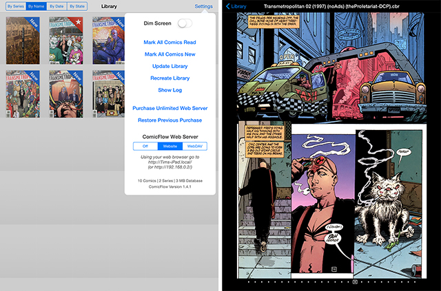 Schermate dell'app ComicFlow per leggere fumetti su iPad