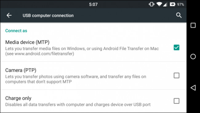 Impostazione Media device (MTP) su Android
