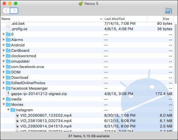 Cartella file di Android visualizzata dal Mac