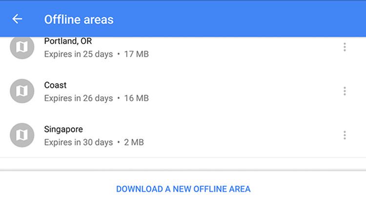 Schermata delle Aree Offline su Google Maps