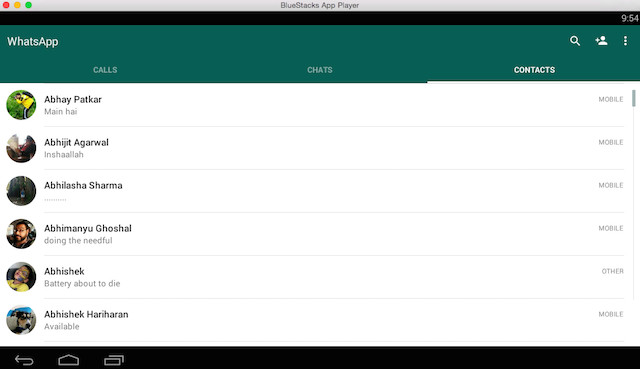 Lista dei contatti di WhatsApp utilizzato tramite BlueStacks