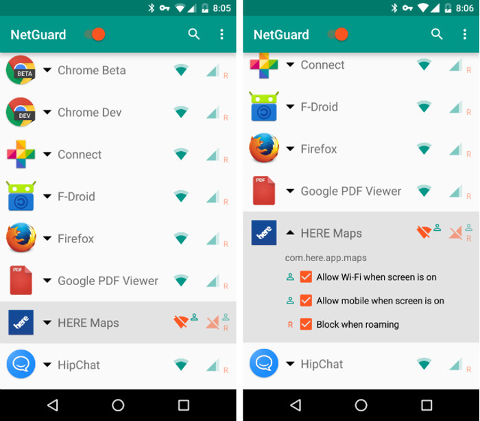 Schermate dell'app NetGuard per Android