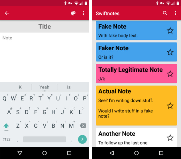 Schermate dell'app Swiftnotes per Android