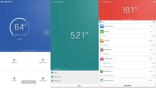 Schermate dell'app Clean Master per Android