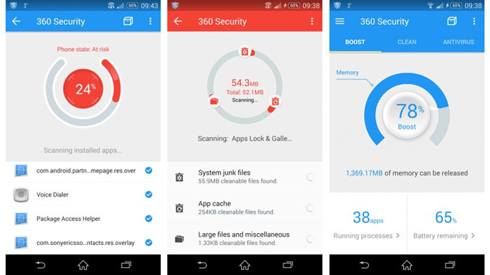 Schermate dell'app 360 Security per Android