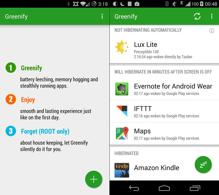 Schermate dell'app Greenify per Android