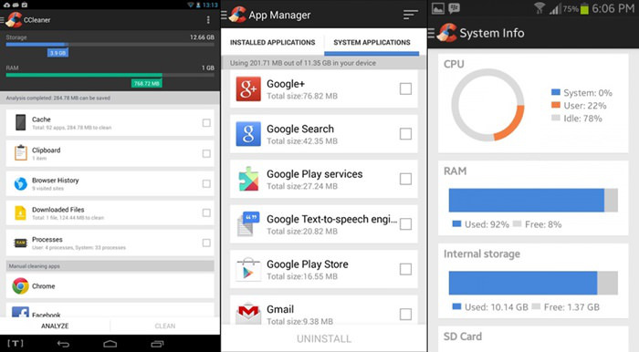 Schermate dell'app CCleaner per Android