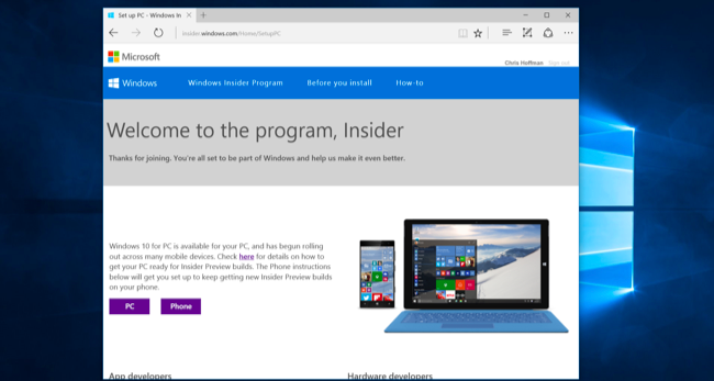 Schermata di Windows Insider