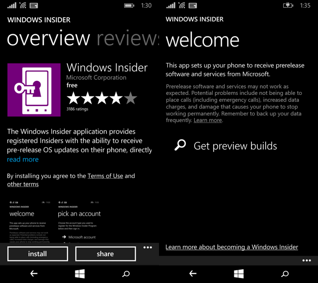 Installazione di Windows Insider sullo smartphone