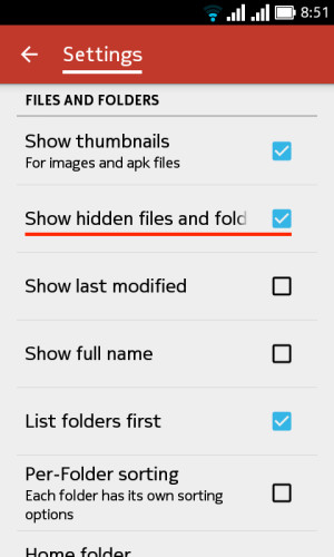 Schermata delle opzioni del file manager di Android