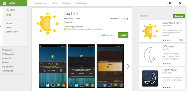 Pagina dell'app Lux Lite per Android