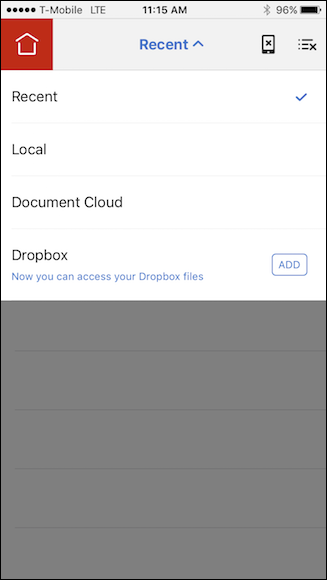 Schermata per aggiungere un account Dropbox su Adobe Acrobat