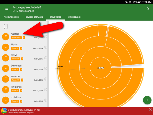 Schermata con le varie sezioni di Android e del relativo spazio occupato