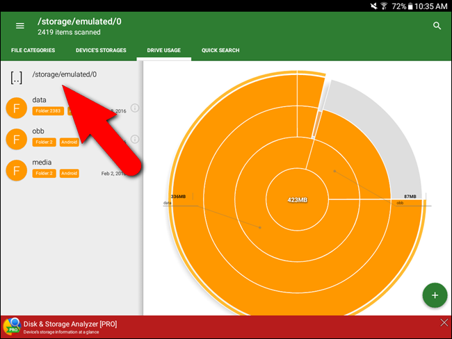 Sezione delle sottocartelle e dei file che occupano spazio su Android