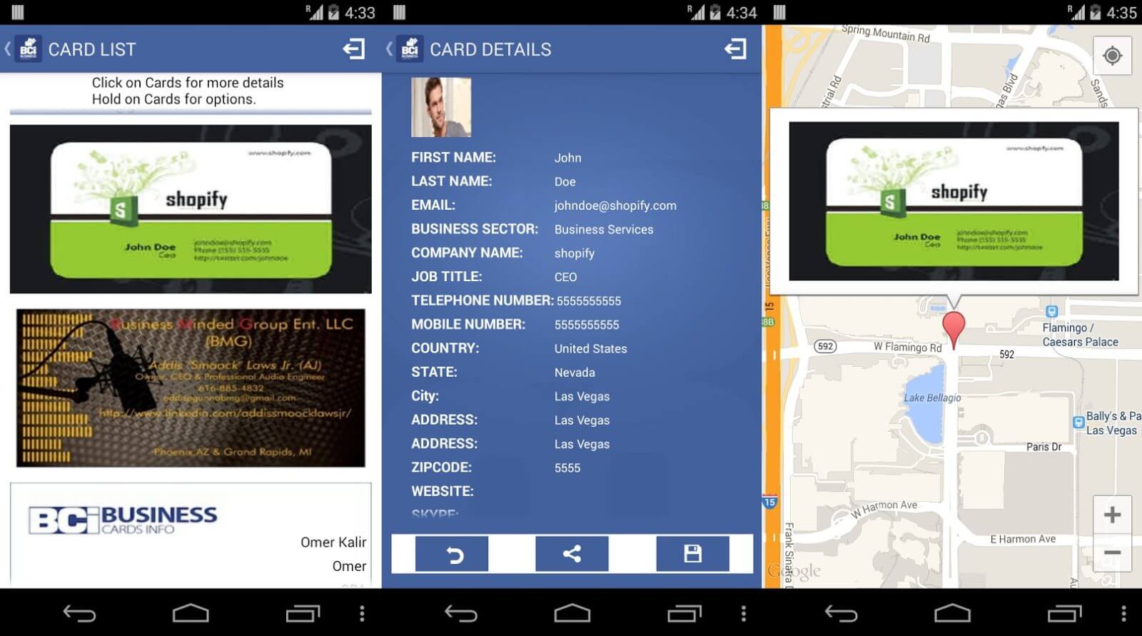 Schermate dell'app Business Card Info per Android