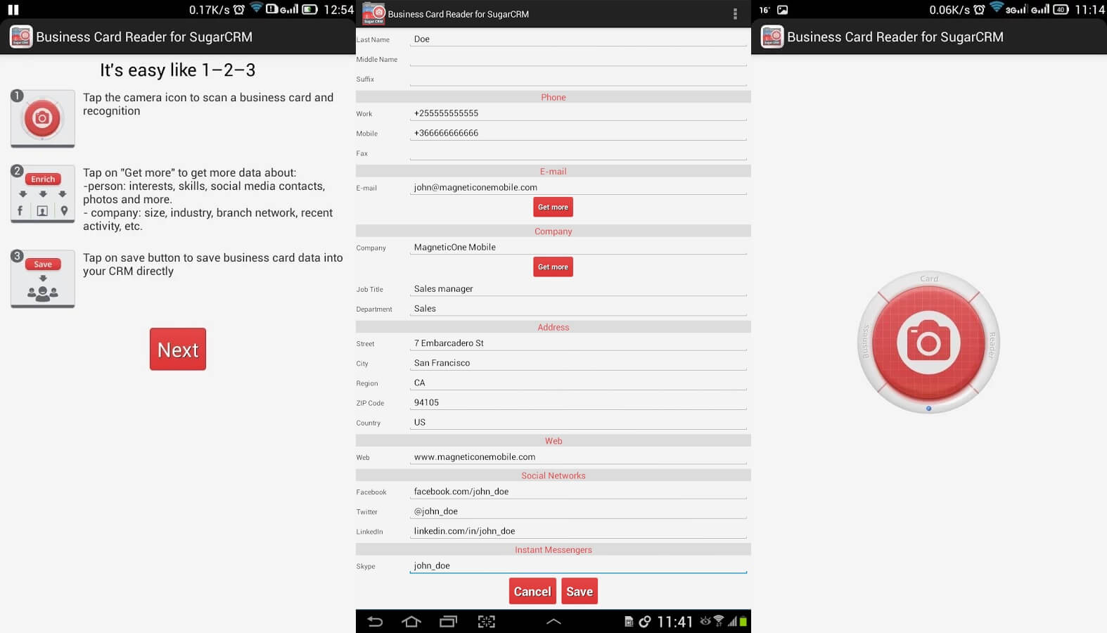 Schermate dell'app Business Card Reader SugarCRM per Android