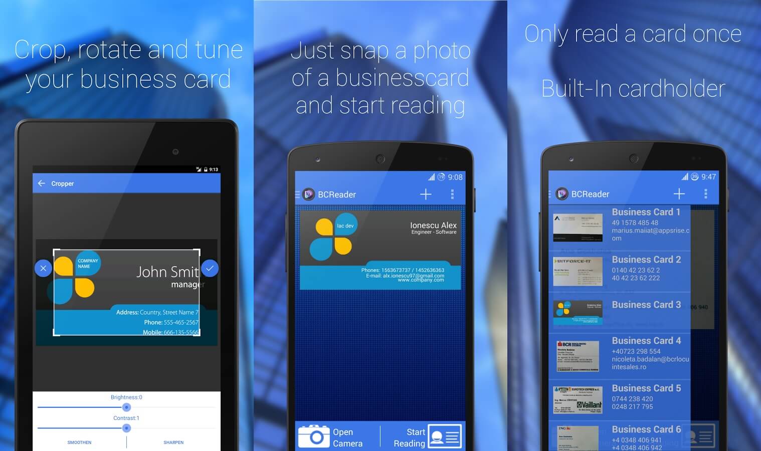 Schermate dell'app Business Card Reader per Android