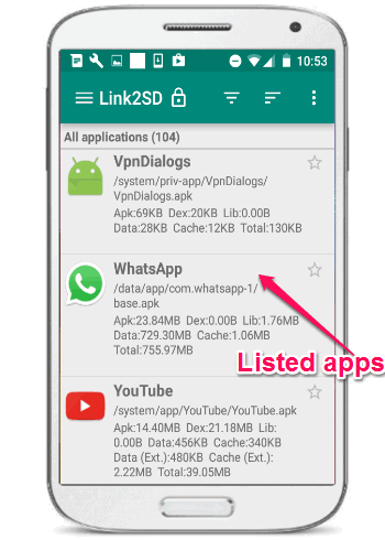 Lista delle app su Link2SD