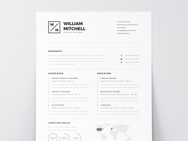 33 Modelli di Curriculum in PSD e AI per Photoshop e Illustrator - white free resume template