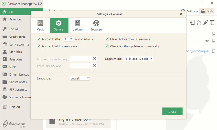 Icecream Password Manager opzioni