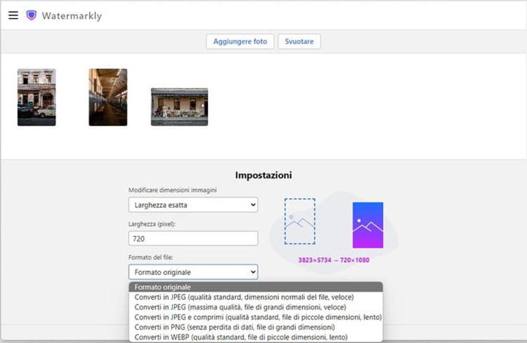Ridurre le dimensioni delle immagini con Watermarkly